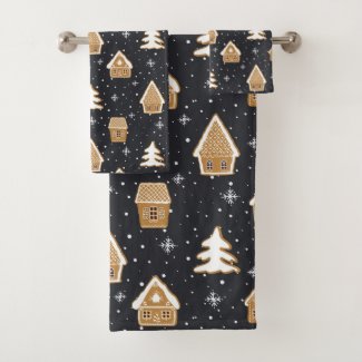 Cute Gingerbread Village Fir Trees Blue Christmas 