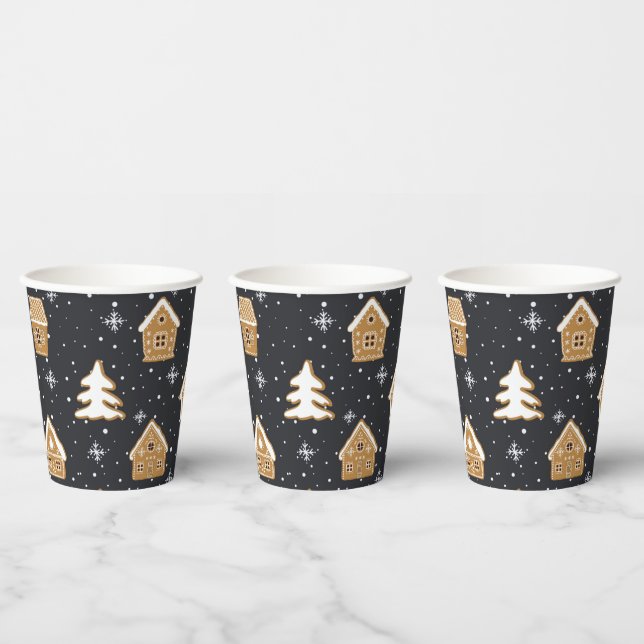 Cute Gingerbread Village Fir Trees Blue Christmas  Paper Cups (Multi)