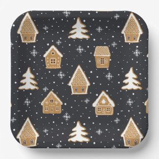 Cute Gingerbread Village Fir Trees Blue Christmas 
