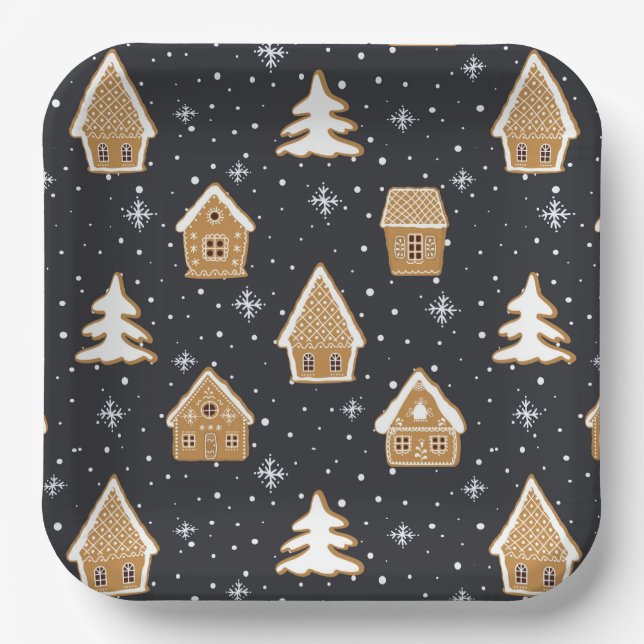 Cute Gingerbread Village Fir Trees Blue Christmas  Paper Plates (Front)