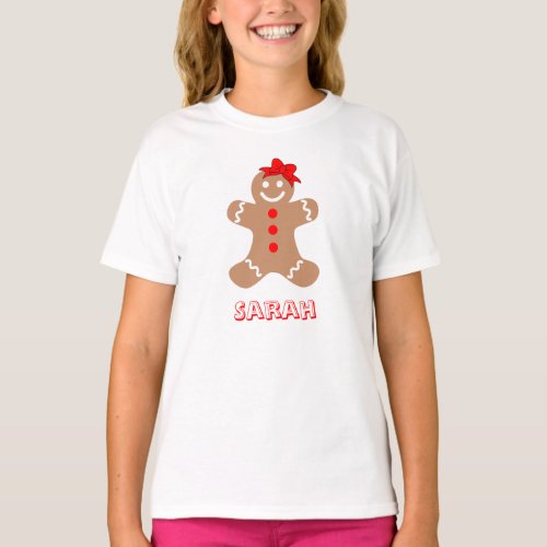 Cute Gingerbread with Bow Girls Red  Brown Name T_Shirt