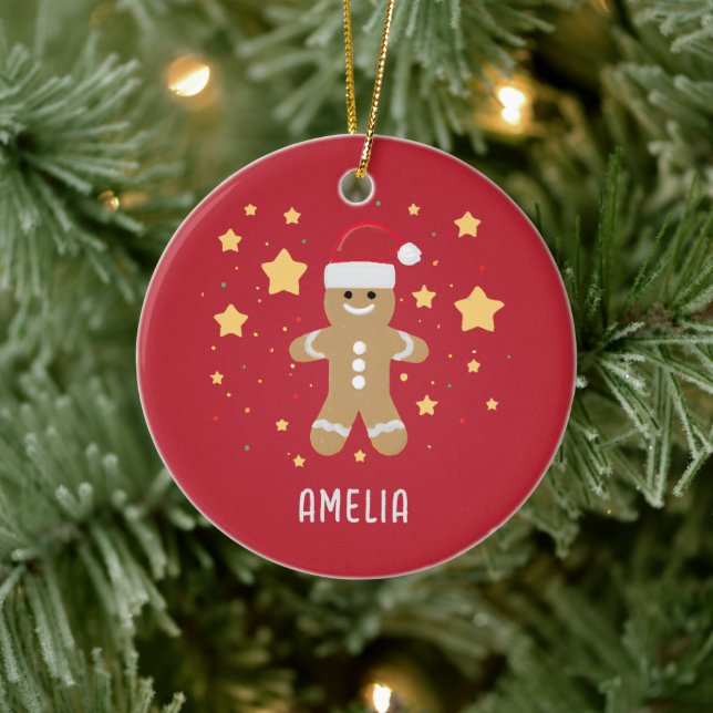 Cute Gingerbread woman and stars Personalized Name Ceramic Ornament (Tree)