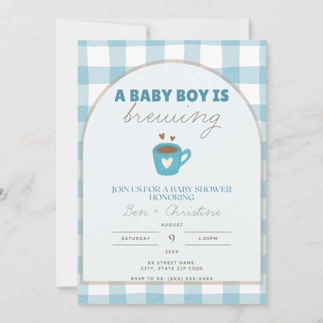 Cute Gingham Baby is Brewing Shower Invitation (Front)