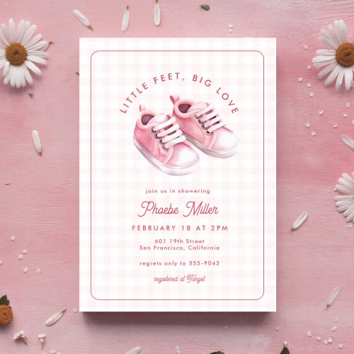 Cute Gingham Baby Sneakers Pink Baby Shower Invitation