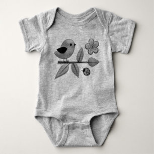 Cute Gingham Bird and Ladybug Garden Art Baby Bodysuit