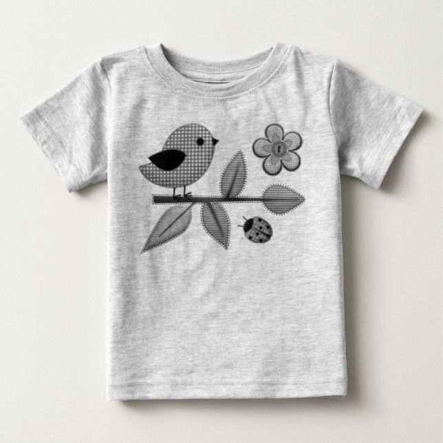 Cute Gingham Bird and Ladybug Garden Art Baby T-Shirt (Front)