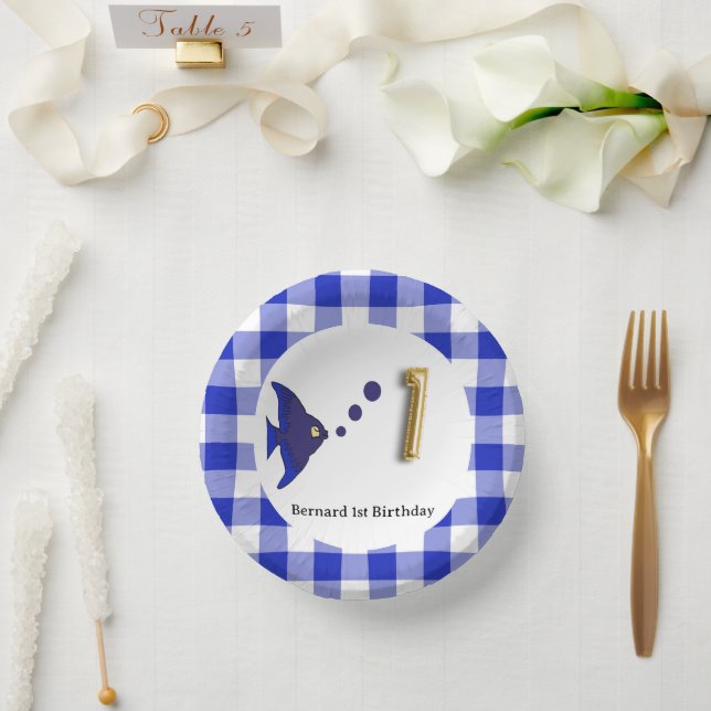 Cute Gingham, Blue Fish & Balloon 1st Birthday Paper Bowls (Wedding)