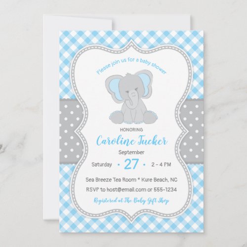 Cute Gingham Blue Gray Elephant Baby Shower Invitation