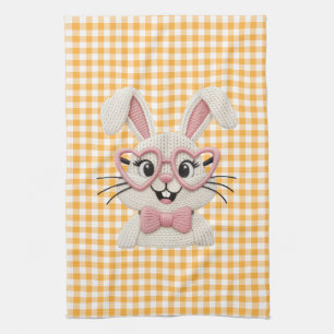 Cute Gingham Bunny Pink Heart Glasses Kitchen Towel