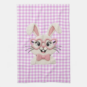 Cute Gingham Bunny Pink Heart Glasses Kitchen Towel