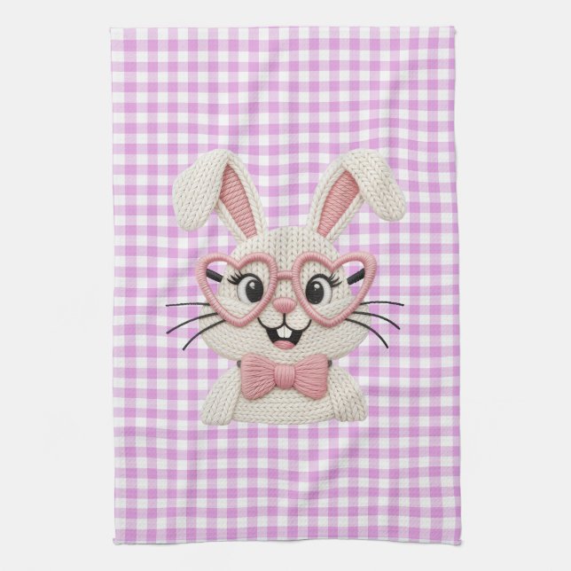Cute Gingham Bunny Pink Heart Glasses  Kitchen Towel (Vertical)
