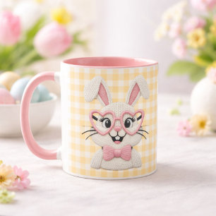 Cute Gingham Bunny Pink Heart Glasses  Mug