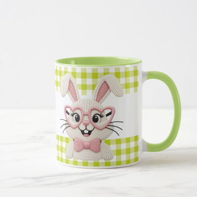 Cute Gingham Bunny Pink Heart Glasses  Mug (Right)