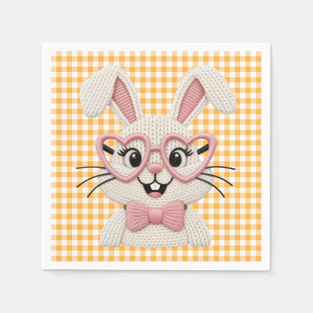 Cute Gingham Bunny Pink Heart Glasses  Napkins (Front)