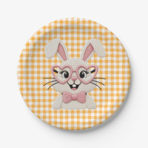 Cute Gingham Bunny Pink Heart Glasses Paper Plates