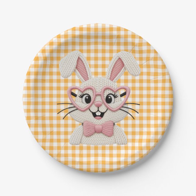 Cute Gingham Bunny Pink Heart Glasses  Paper Plates (Front)