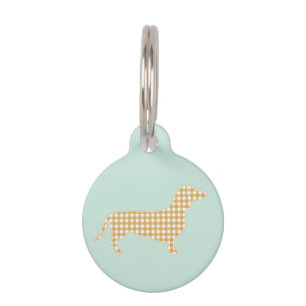 Cute Gingham Dachshund Duck Egg Blue Pet ID Tag