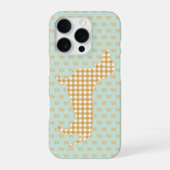 Cute Gingham Dachshund Monogram Duck Egg Blue Iphone Case (Back)