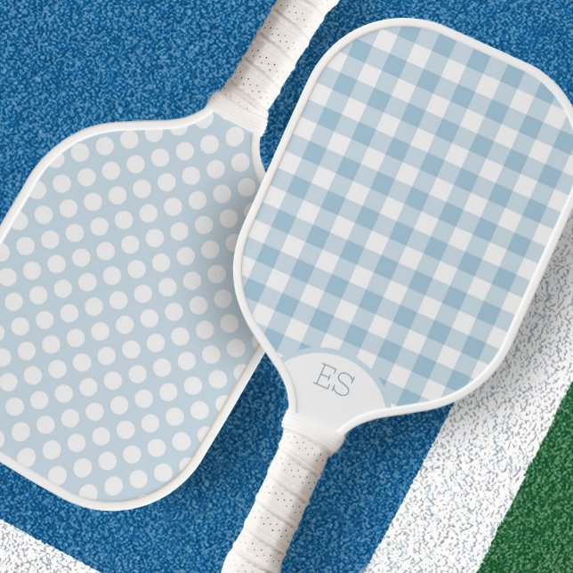 Cute gingham dots preppy blue pickleball paddle (Creator Uploaded)