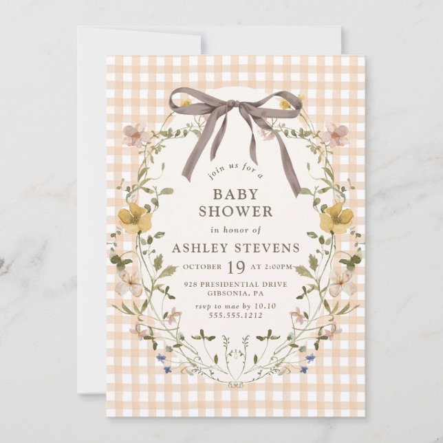 Cute Gingham Fall Floral Neutral Baby Shower Invitation (Front)