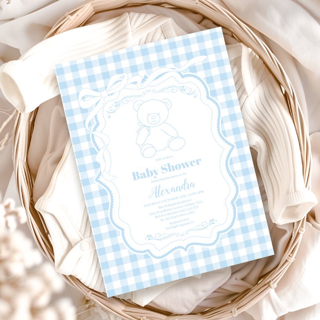 Cute Gingham French Teddy Bear Baby Shower Invitation (Creator Uploaded)