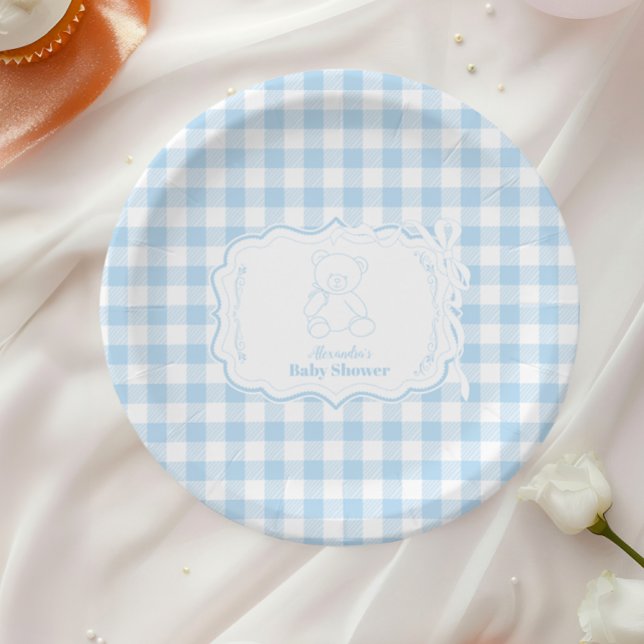 Cute Gingham French Teddy Bear Baby Shower Paper Plates (Creator Uploaded)