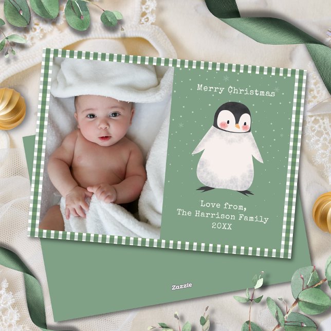 Cute Gingham Green Simple Family Photo  Holiday Card (Creator Uploaded)