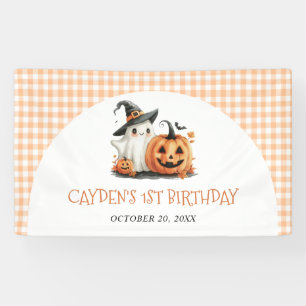 Cute Gingham Halloween Ghost 1st Birthday Banner