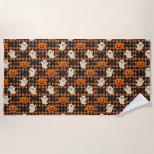 Cute, gingham halloween ghost pumpkin bats beach towel