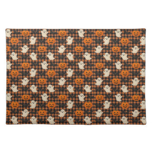 Cute, gingham halloween ghost pumpkin bats cloth placemat