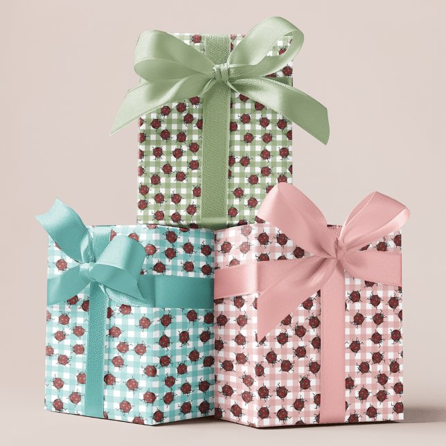 Cute Gingham Handdrawn Ladybug Pattern Kids Wrapping Paper Sheets (Cute Ladybugs Wrapping Paper For Kids. Pink, Blue and Green Gingham Pattern with Hand Drawn Labdybug)