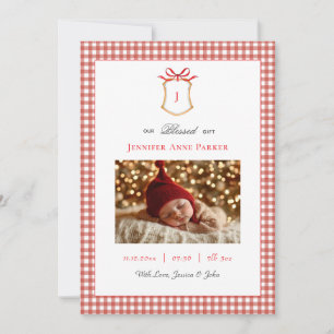 Cute Gingham Monogrammed Christmas Birth Announcement