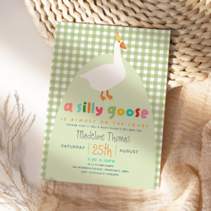 Cute Gingham Neutral Silly Goose Baby Shower Invitation