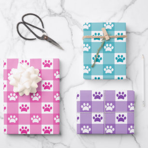 Cute Gingham Paw Print Pattern Pink Teal Purple Wrapping Paper Sheets
