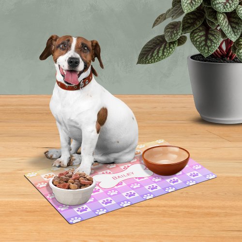 Cute Gingham Paw Prints Dog Bone Custom Pet Placemat