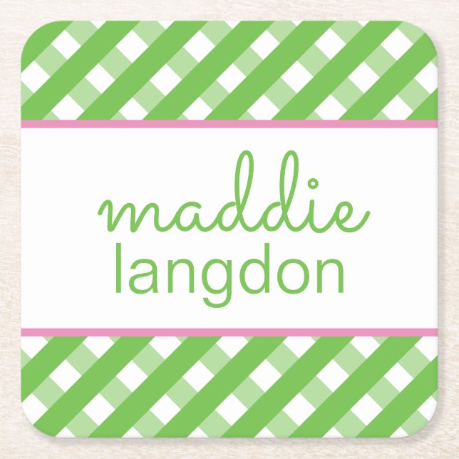 Cute Gingham Personalized Paper Coasters (Front)