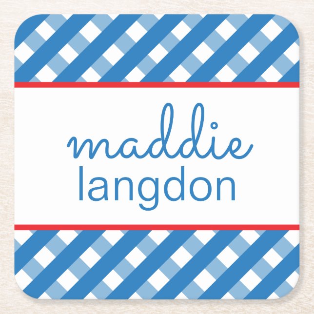 Cute Gingham Personalized Paper Coasters (Front)