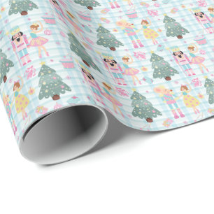 Cute Gingham Pink Christmas Nutcracker Ballerina Wrapping Paper