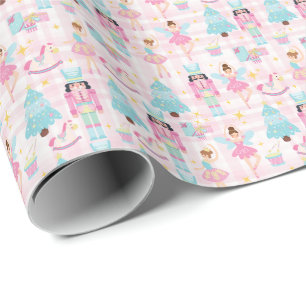 Cute Gingham Pink Christmas Nutcracker Wrapping Paper