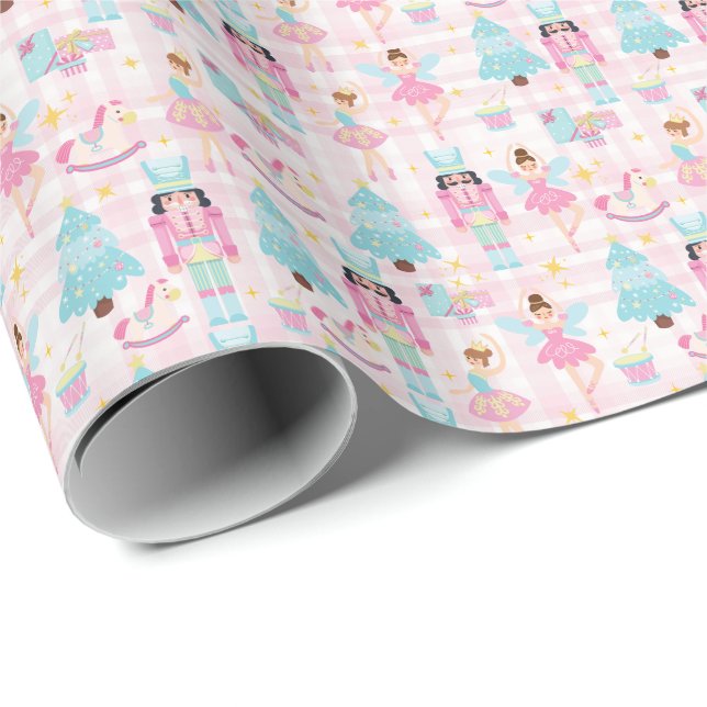 Cute Gingham Pink Christmas Nutcracker Wrapping Paper (Roll Corner)