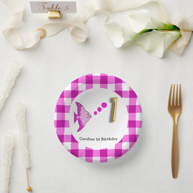 Cute Gingham, Pink Fish & Balloon 1st Birthday Paper Bowls (Wedding)