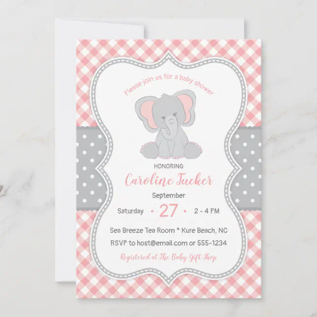 Cute Gingham Pink Gray Elephant Baby Shower Invitation | Zazzle