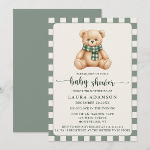 Cute Gingham Plaid Teddy Bear Winter Baby Shower Invitation
