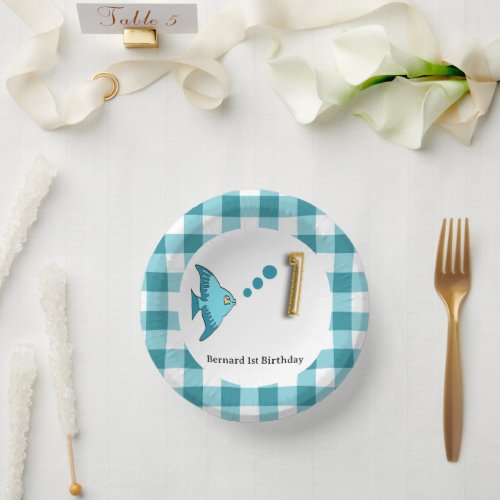 Cute Gingham Teal Blue Fish  Balloon 1st Birthday Paper Bowls