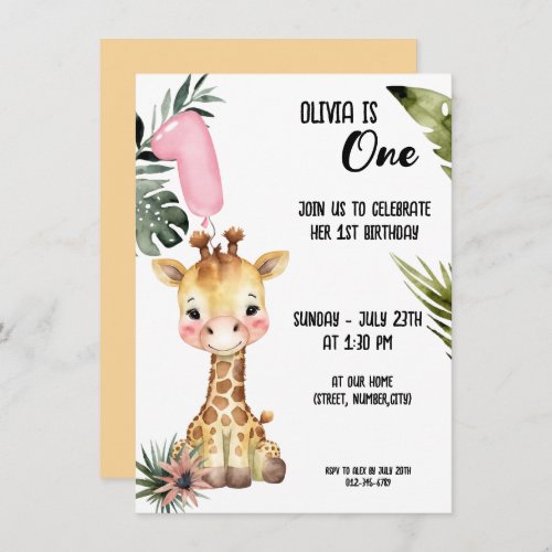 Cute Giraffe 1st Birthday Jungle theme Invitation