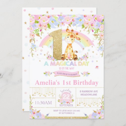 Cute Giraffe 1st Birthday Party Invitation Girl