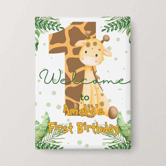 Cute Giraffe 1st Birthday Welcome Button (Front)