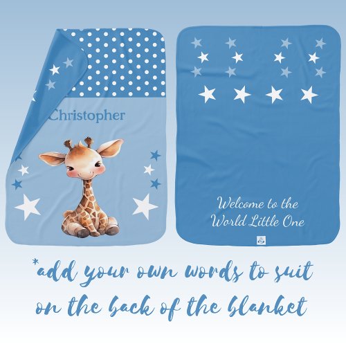 Cute giraffe add name polka dots stars blue baby blanket