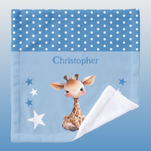 Cute giraffe add name polka dots stars blue wash cloth