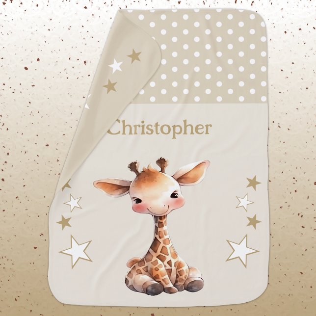 Cute giraffe add name polka dots stars brown baby blanket (Creator Uploaded)